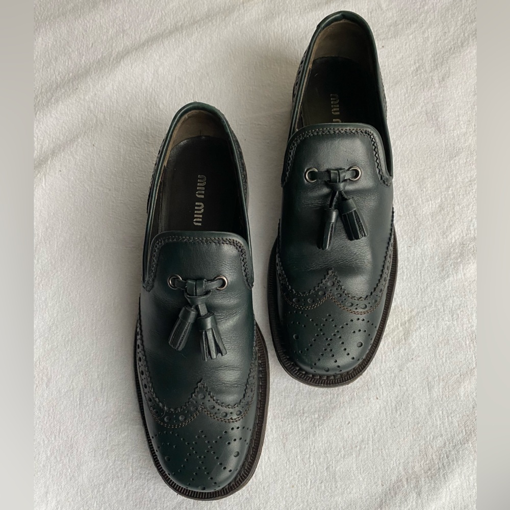 Miu Miu Dark Teal/Green Leather Women’s Tassel Loafers